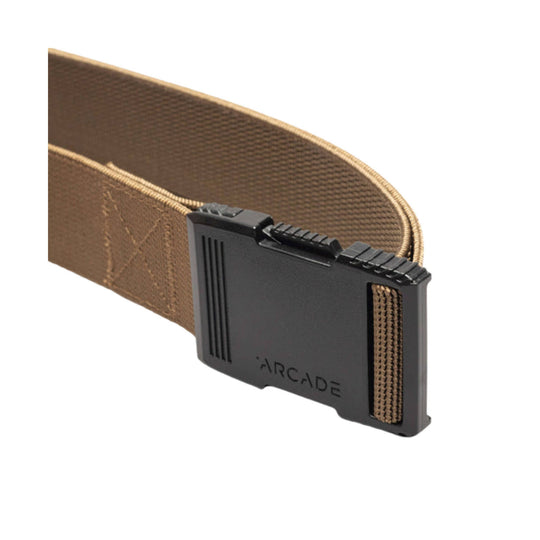 Brown woven belt with a black plastic buckle and embossed logo