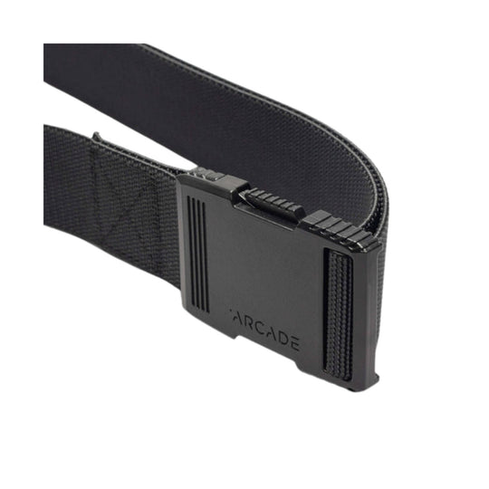 Black webbing belt with matte rectangular buckle and embossed ARC ADE text