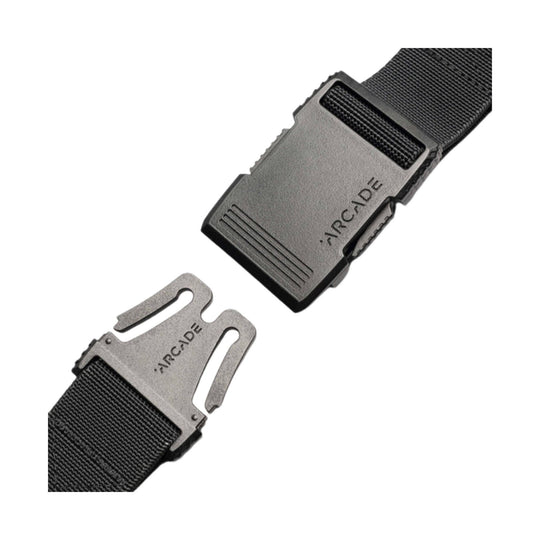 Black woven belt with metal buckle and clip closure, shown in two views