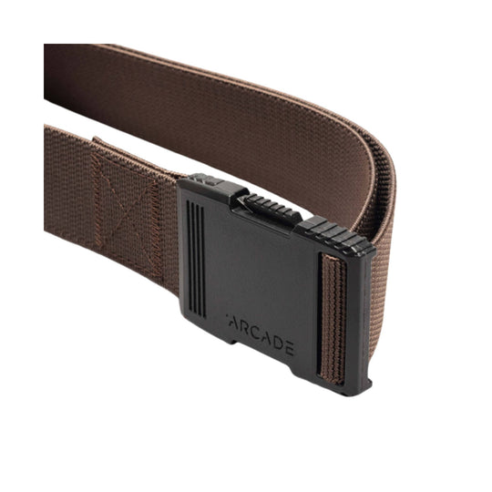 Brown woven belt with a black plastic buckle