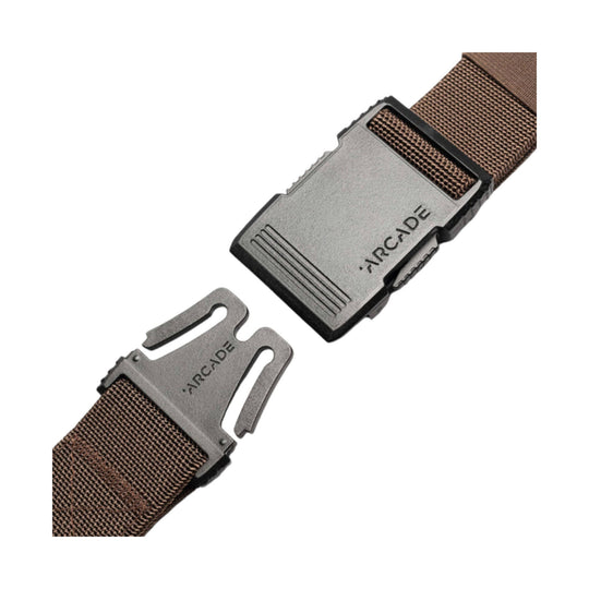 Brown woven belt with gray metal buckle and bottle opener clip