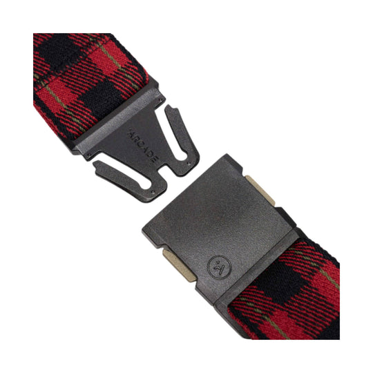 Plaid woven belt with a dark metal buckle and clip closure