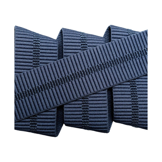 Blue ribbed woven belt shown in a close-up, with overlapping strap sections
