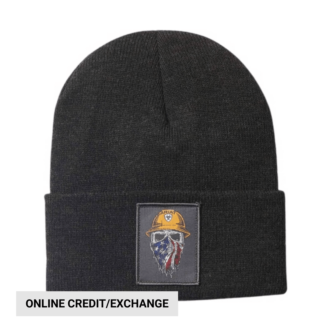 Black knit beanie with a front patch showing a hard hat, face covering, and visible text