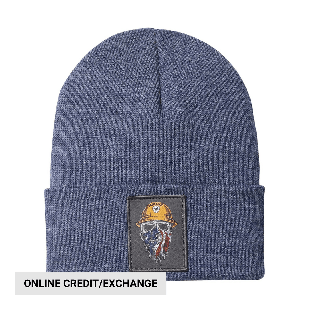 Blue knit beanie with a folded cuff and a front patch graphic