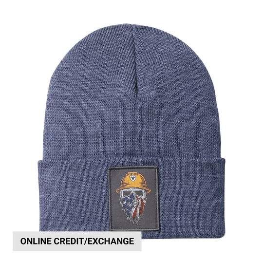 Blue knit beanie with a folded cuff and a front patch graphic