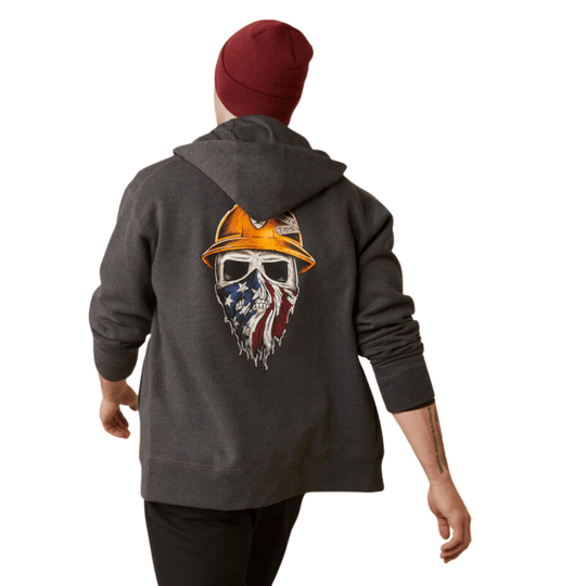 Charcoal zip hoodie with a large back graphic of a skull in a yellow hard hat over an American flag beard
