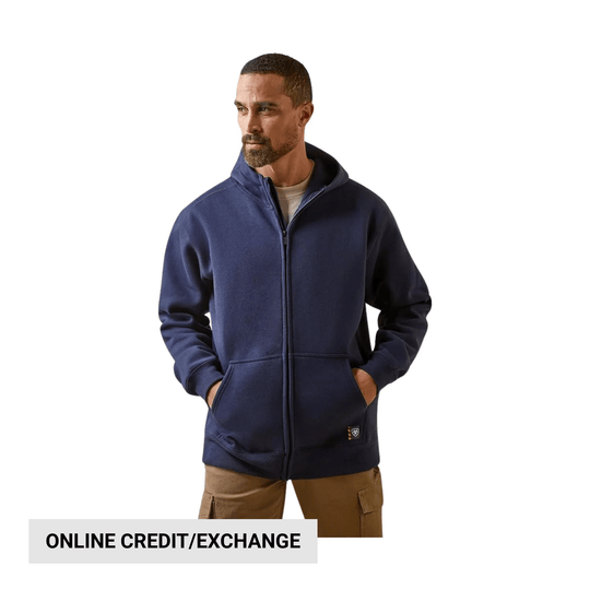 Navy full-zip hooded sweatshirt with front pockets