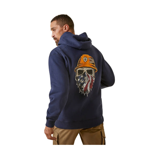Navy zip-up hoodie shown from the back with a skull and hardhat graphic.