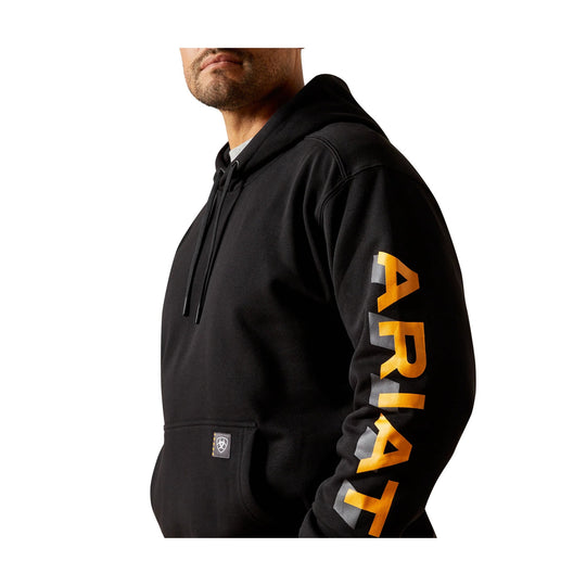 Black pullover hoodie with drawstrings and orange sleeve lettering