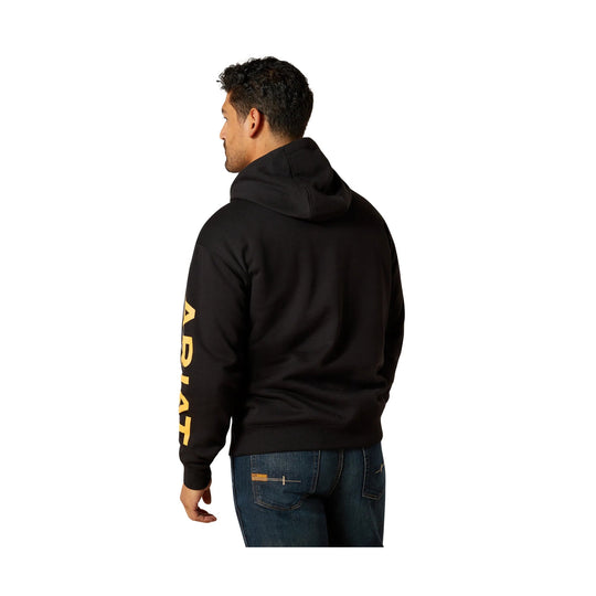 Black hooded sweatshirt shown from the back, with yellow ARIAT text on the sleeve