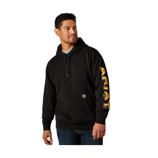 Black pullover hoodie with a kangaroo pocket and vertical ARIAT lettering on the sleeve