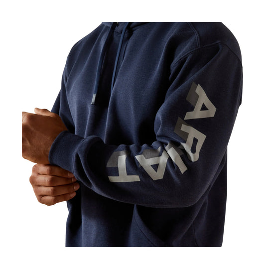 Navy hooded sweatshirt with large ARIAT text on the sleeve