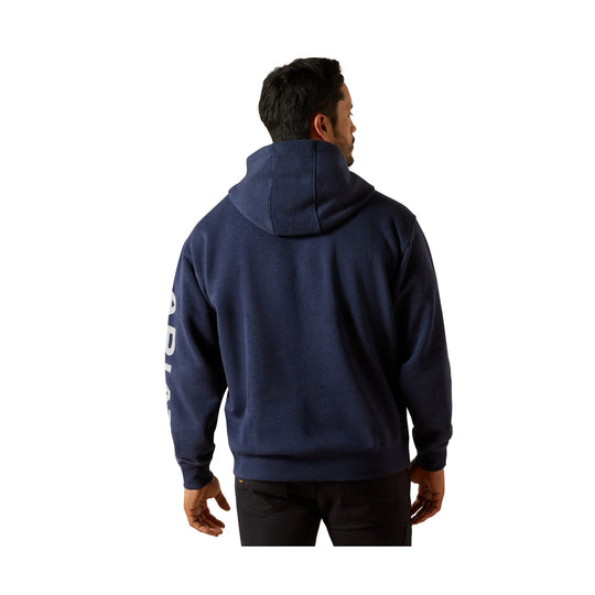 Navy hooded sweatshirt shown from the back, with a large logo print down one sleeve.