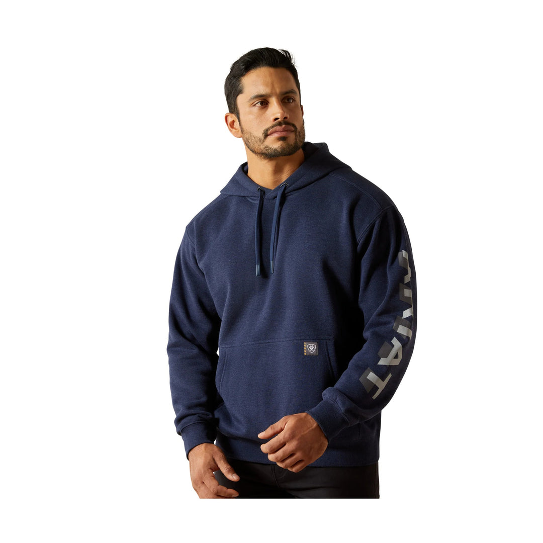 Navy pullover hoodie with drawstring hood and a logo on the sleeve