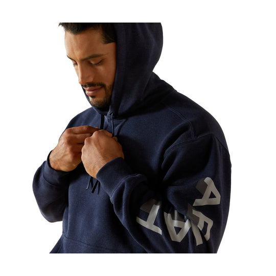 Navy hooded sweatshirt with a large logo graphic on the sleeve