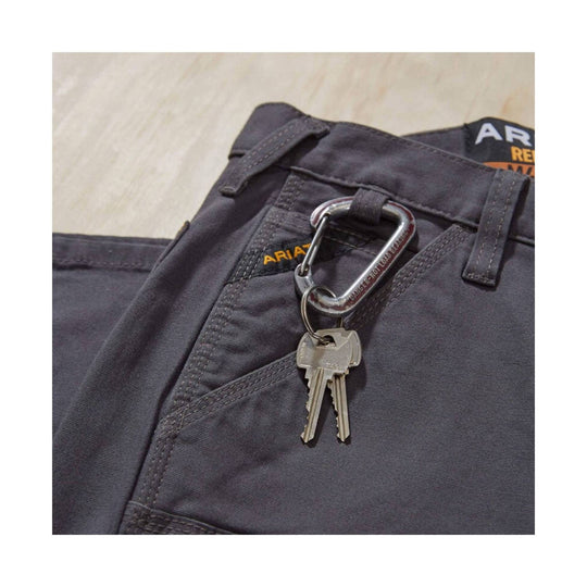 Dark gray work pants with a carabiner and keys clipped to a belt loop