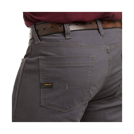 Gray straight-leg pants with rear pocket and brown perforated belt