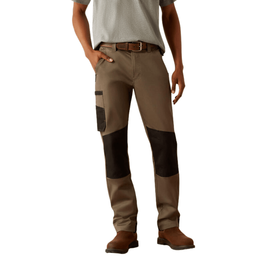 Brown and black men's cargo pants with reinforced knee panels and side cargo pocket