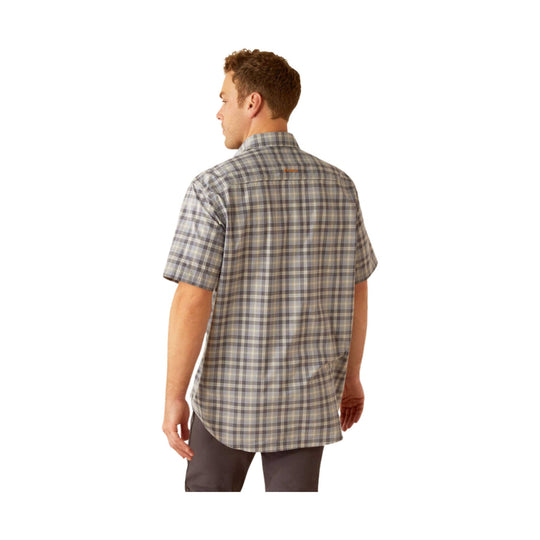 Gray plaid short-sleeve button-up work shirt shown from the back