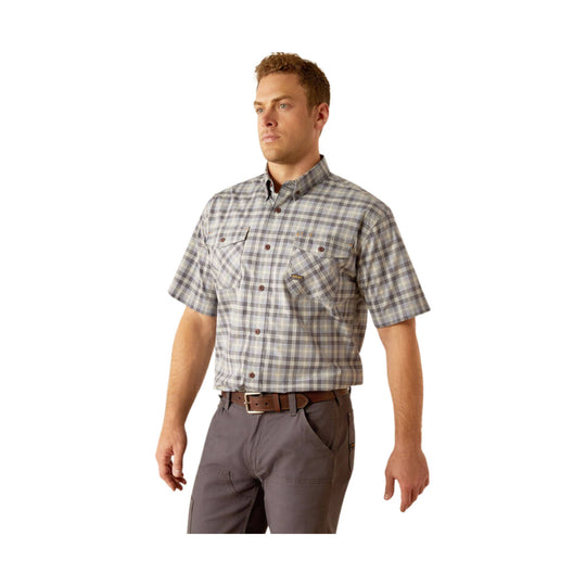 Plaid short-sleeve button-up work shirt with chest pockets