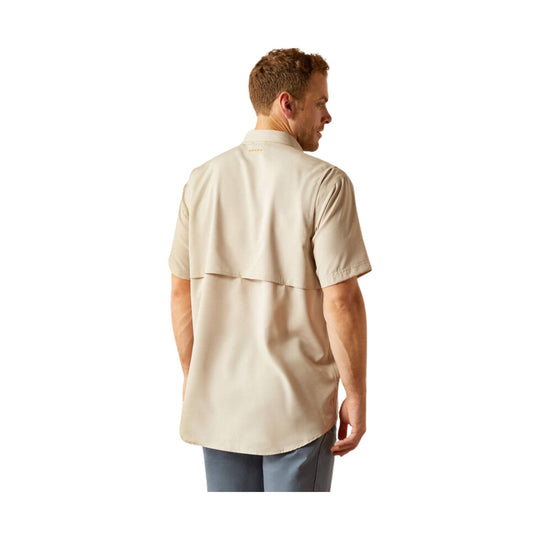 Light beige short-sleeve button-up work shirt shown from the back