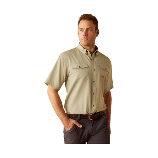 Beige short-sleeve button-up work shirt with flap chest pockets