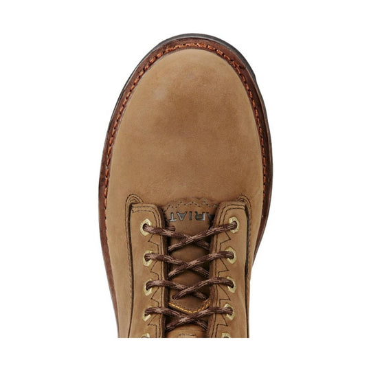 Tan leather lace-up work boot with brown stitching and a rounded toe