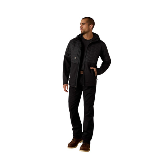 Black hooded zip-up jacket with quilted chest panels shown on a model