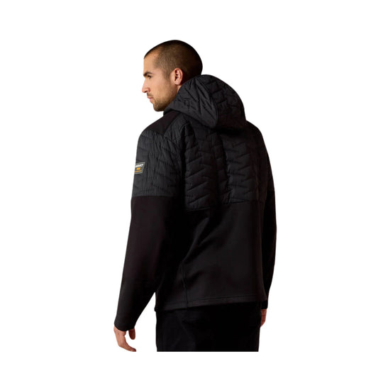 Black hooded jacket with quilted shoulders and long sleeves, shown from the back