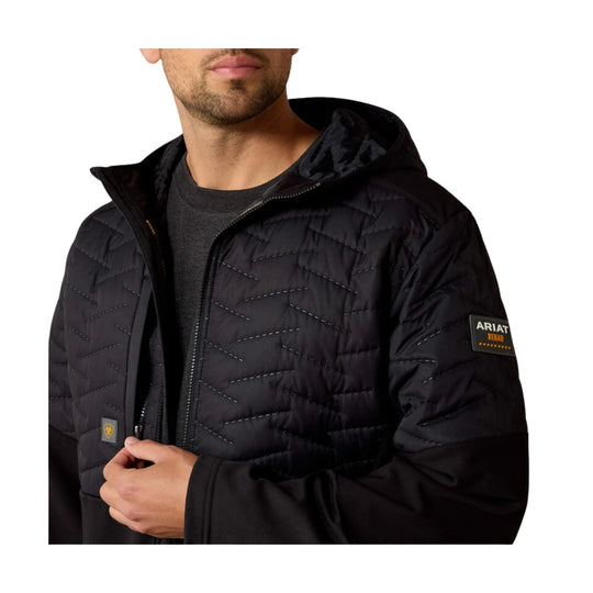 Black quilted hooded jacket with a front zipper and sleeve logo patch