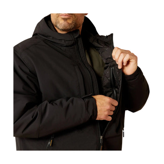 Black hooded insulated jacket with front zipper, shown partially unzipped on a male model
