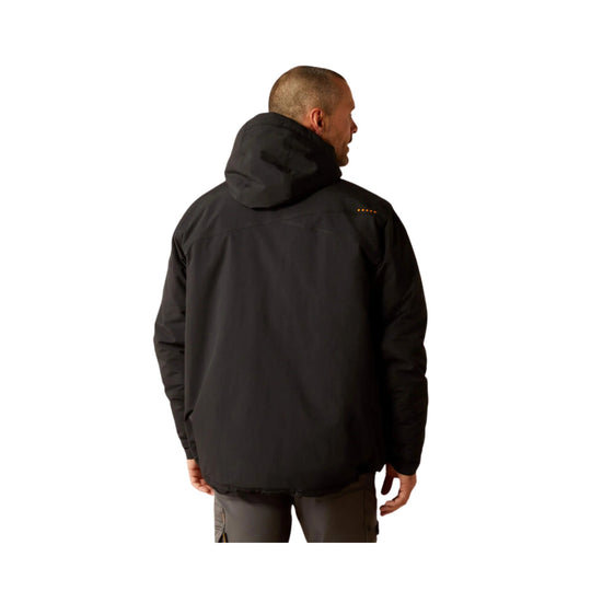 Black hooded insulated jacket shown from the back