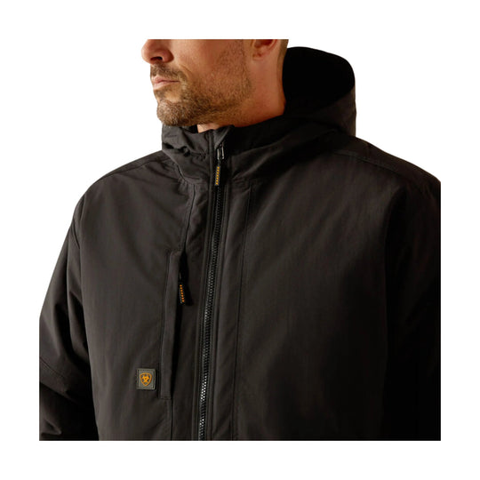 Black insulated hooded jacket with front zipper and chest logo patch