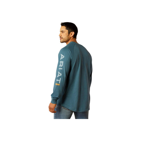 Teal long-sleeve T-shirt shown from the back and side, with vertical ARIAT lettering on the sleeve