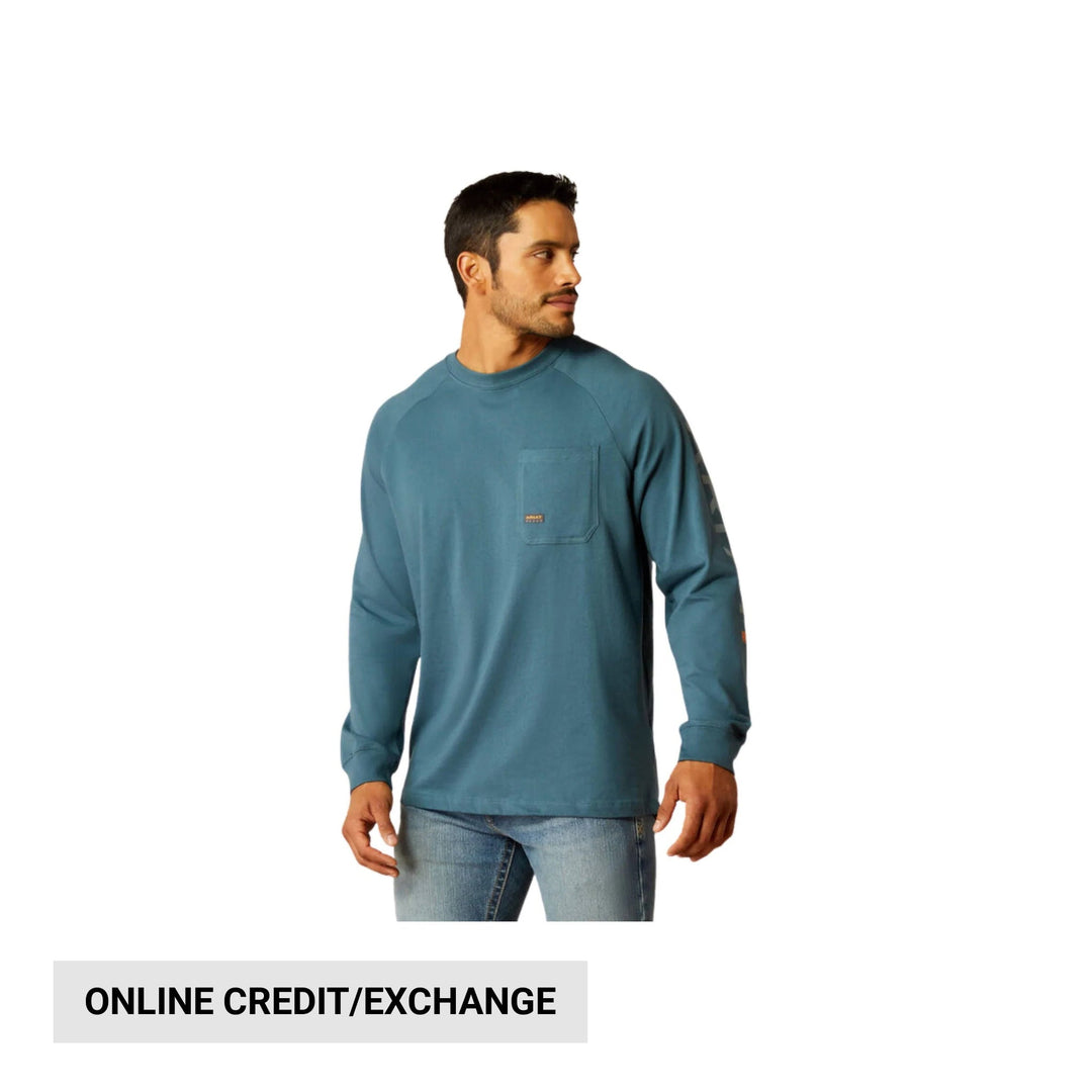 Blue long-sleeve crewneck shirt with chest pocket, shown on a model