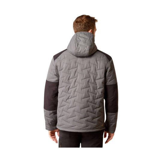 Gray hooded quilted jacket with dark sleeves, shown from the back
