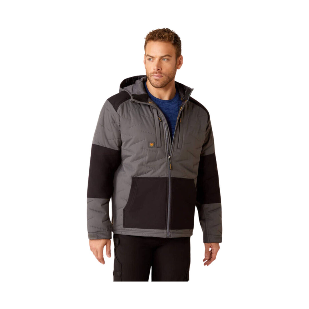 Gray and black insulated hooded jacket with full zip and chest pocket