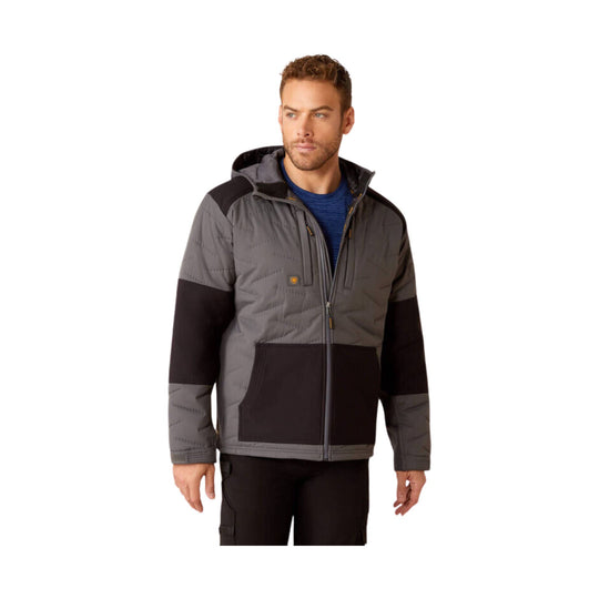 Gray and black insulated hooded jacket with full zip and chest pocket
