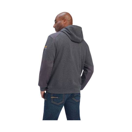 Charcoal gray hooded sweatshirt with dark shoulder and sleeve panels, shown from the back
