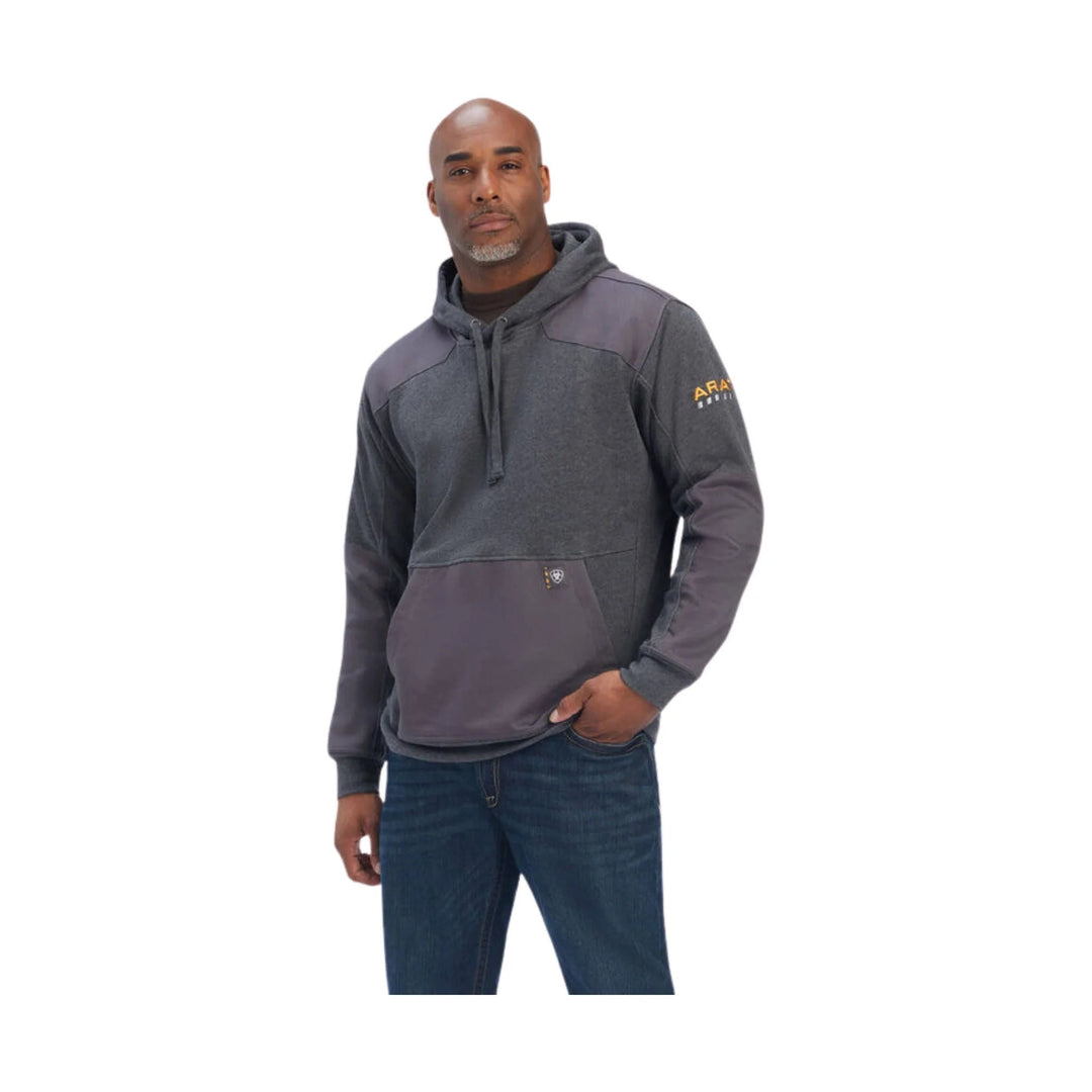 Charcoal gray pullover hoodie with black sleeves, kangaroo pocket, and small sleeve logo