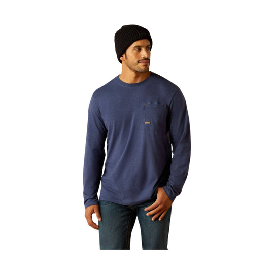 Navy long-sleeve crewneck shirt with chest pocket and small logo patch