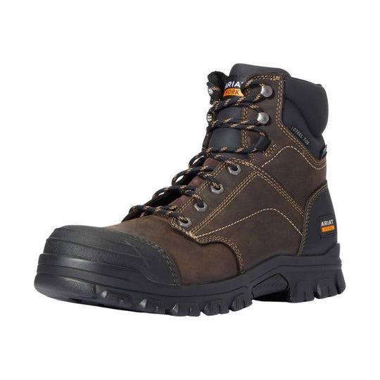 Brown lace-up work boot with a black safety toe and thick lug sole