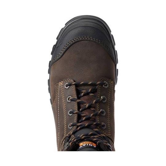 Brown lace-up work boot with a black toe cap, visible stitching, and treaded sole