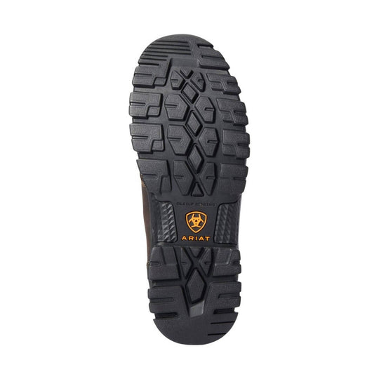 Black boot outsole with deep tread and visible Ariat logo