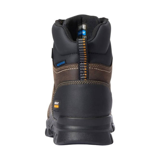 Rear view of a black and brown work boot with waterproof tongue label, stitched panels, and thick tread.