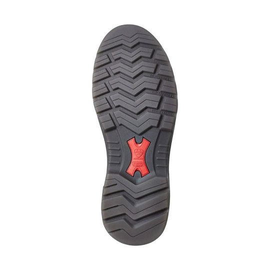 Black boot sole with deep chevron tread and a red Ariat heel insert