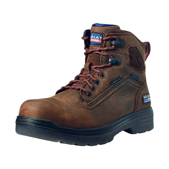 Brown lace-up work boot with black sole and red laces