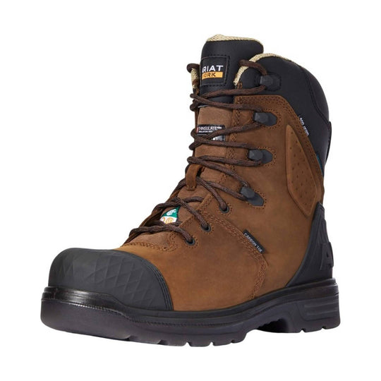 Brown insulated work boot with black toe cap, brown laces, and visible Ariat Work branding
