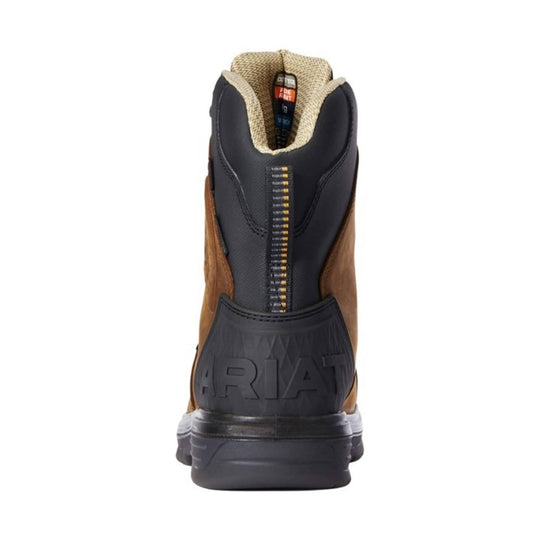 Black and brown insulated work boot shown from the back, with a zipper down the heel and a thick treaded sole